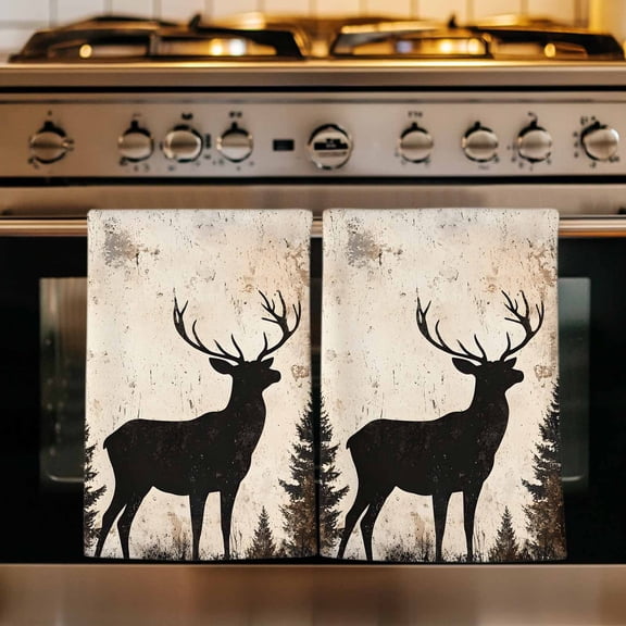 Vintage Forest Deer Kitchen Towels Set of 1, Rustic Country Wildlife Woodland Absorbent Dish Towels for Kitchen, Microfiber Hand Towel, Quick Drying Tea Towel for Cleaning Decorative Dishcloths