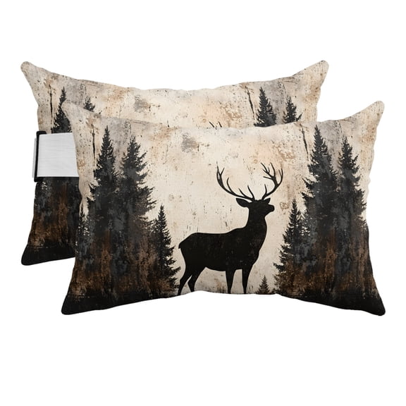 Vintage Forest Deer Outdoor Chaise Lounge Head Pillow with Insert,Rustic Country Wildlife Woodland Waterproof Headrest Lumbar Pillow Cusion Cover with Elastic Strap for Patio Recliner,11"x16" 2PCS