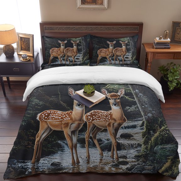 Vintage Forest Deer Queen Size Bed Set,Summer River And Reindeer Bedding for All Seasons,4 Pcs Bed Set,1 Quiltcover (90"x90"),1 Sheet (90"x102"),2 Pillowcases (20"x30")