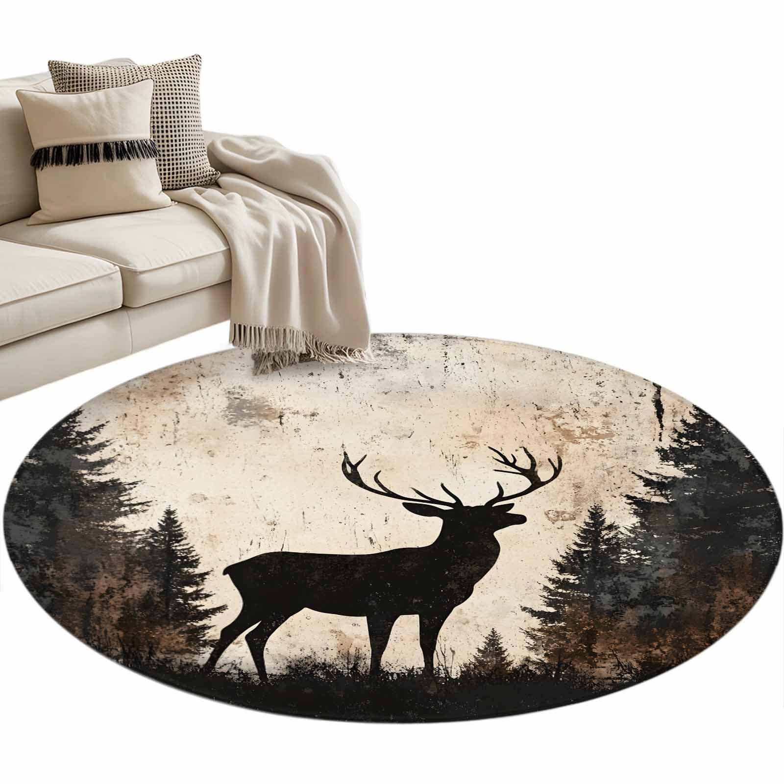 Vintage Forest Deer Round Area Rug 4ft, Rustic Country Wildlife ...