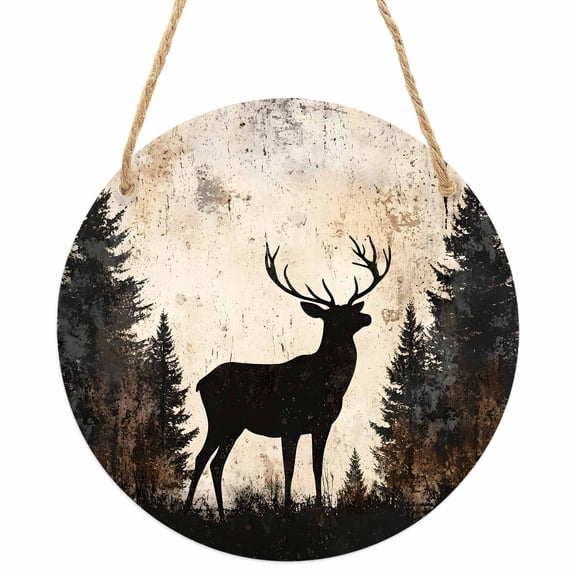 Vintage Forest Deer Round Front Door Welcome Sign, 7.8 Inch Wall Hanging Decor for Indoor Outdoor, Rustic Country Wildlife Woodland Home Porch Hanger Decorations for Holiday Gift