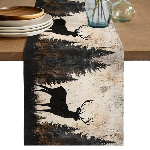 Vintage Forest Deer Short Table Runner 36 Inches Long,Rustic Country Wildlife Woodland Cotton Linen Table Runners Dresser Scarves,Fabric Tabletop Scarf Furniture Cover for Home Dinner Party 13"x36"