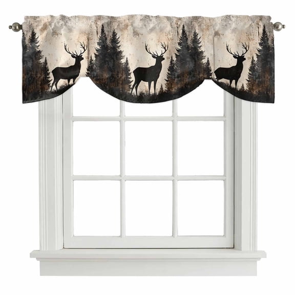 Vintage Forest Deer Tie Up Valance Curtains for Windows, Kitchen Curtains Window Shades, Rustic Country Wildlife Woodland Light Filtering Roman Curtain Valances for Bedroom/Bathroom/Cafe 42"x12"