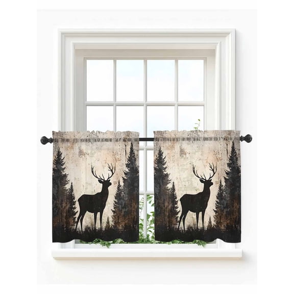 Vintage Forest Deer Tier Curtains 24 Inch Length,Sheer Curtains for Bedroom Living Room Window Rustic Country Wildlife Woodland Rod Pocket Drapes Kitchen Curtains Small Half Window 27.5"x24" 2 Panels