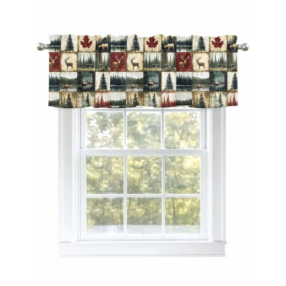 Vintage Forest Deer Valances for Windows, Rod Pocket Kitchen Valance Curtains - Soft & Washable Small Window Treatment for Living Room, Bathroom, Tree Boat , 42x12 Inch, 1 Panel
