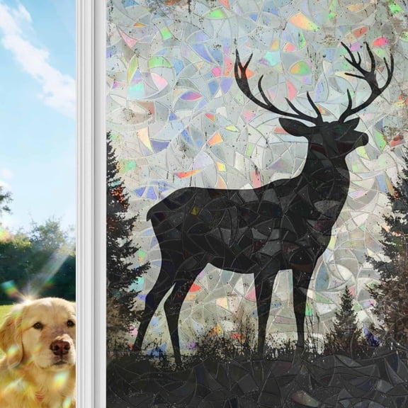 Vintage Forest Deer Window Privacy Film Stain Glass,Reusable Decorative Rainbow Window Film,Rustic Country Wildlife Woodland Static Cling Sun Blocking Stickers Decals Covers 23.6" x 59" (2pcs)