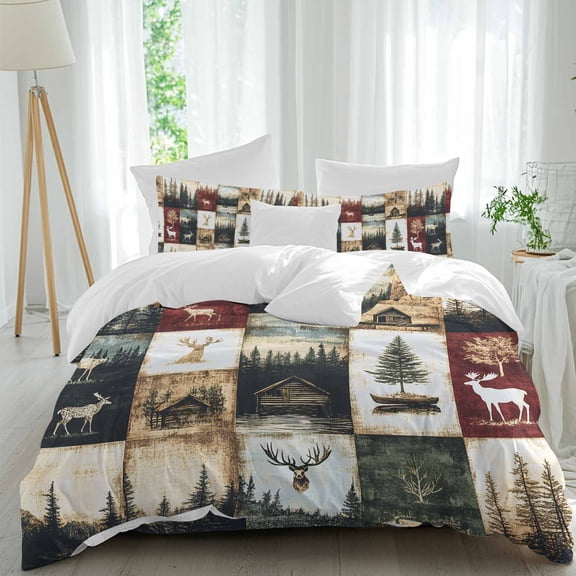 Vintage Forest Duvet Cover Set Twin Size, Deer Lake Building Distressed Patchwork 4 Piece Soft Microfiber Bedding Set with 1 Duvet Cover, 1 Flat Sheet, 2 Pillowcases