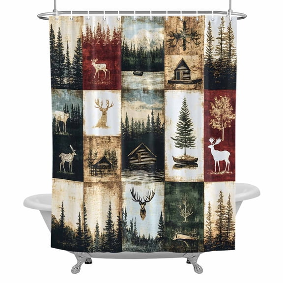 Vintage Forest Fabric Shower Curtain, Deer Lake Building Distressed Patchwork Bathroom Curtain with 12 Hooks Waterproof Machine Cloth Shower Curtain for Bathroom, Bathtub, Spa Room, 48x72 Inch
