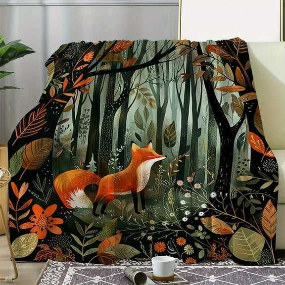 Vintage Forest Fox Print Flannel Throw Blanket - Cozy, Soft, Warm Multipurpose Blanket for Sofa, Bed, Car, Office, Camping, Travel