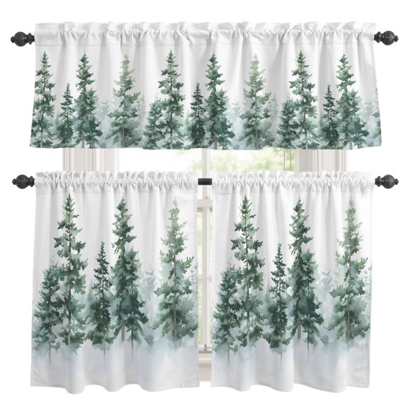 Vintage Forest Kitchen Curtains Set for Windows, Watercolor GreenTree Leaf Botanical Fog Country Curtains Valance and Tier 3 Piece Set Small Drapes 24 Inch Length for Kitchen Bedroom Decor