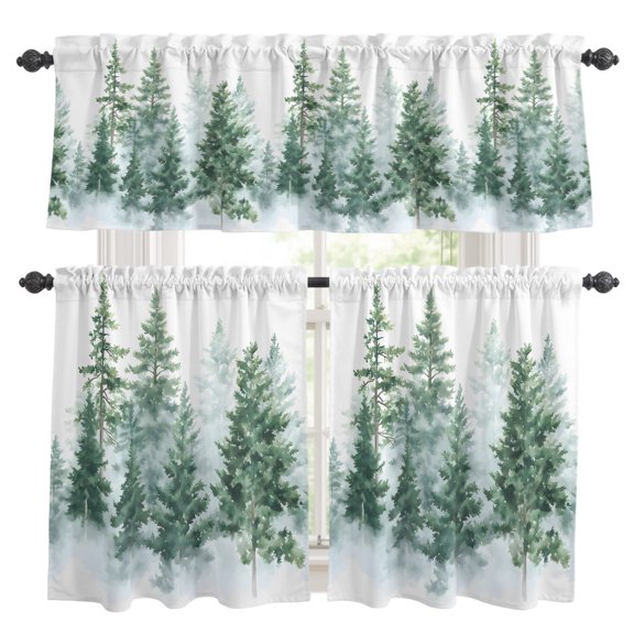 Vintage Forest Kitchen Curtains Set for Windows, Watercolor GreenTree Leaf Botanical Fog Farmhouse Curtains Valance and Tier 3 Piece Set Small Drapes 24 Inch Length for Kitchen Bedroom Decor