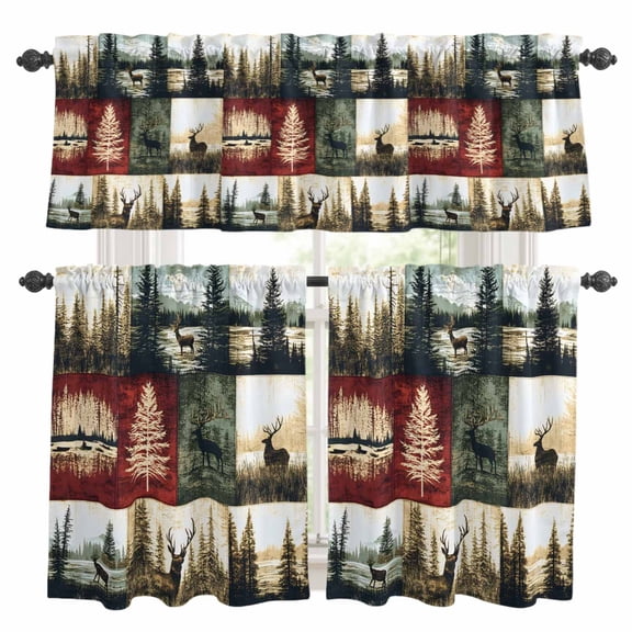 Vintage Forest Kitchen Curtains Valances and Tiers Set of 3 Deer Lake Scenery Distressed Patchwork Tier Curtains and Valance with Rod Pocket for Small Windows, 27.5"x36"
