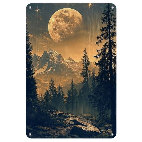 Vintage Forest Moon Iron Wall Art - Waterproof & Weather-Resistant Metal Sign for Home and Bar Decor, 12x8 Inches