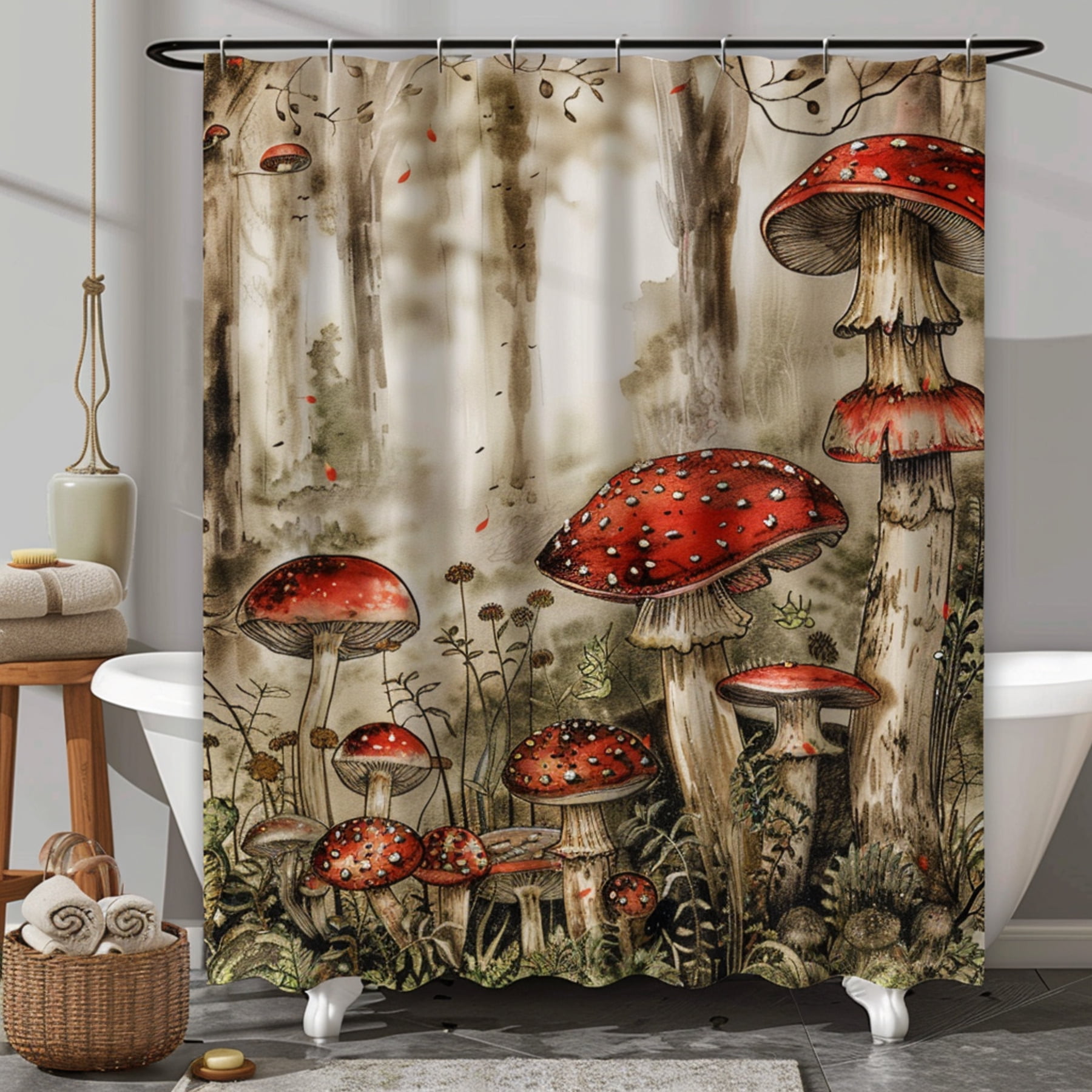 Vintage Forest Mushroom Shower Curtain Rustic woodland theme with