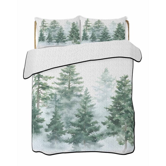 Vintage Forest Quilts Bedding Set Twin Size Watercolor GreenTree Leaf Botanical Fog Farmhouse Lightweight Quilted Bedspread 3 Piece Bed Quilt with 2 Pillow Shams All Season for Bedroom 68" x 86"
