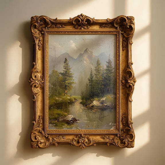 Vintage Forest River Wall Art Mountain Landscape Cottagecore French Country Decor Style Room