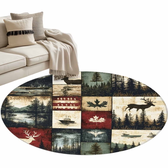 Vintage Forest Round Area&nbsp;Rug 4ft Deer Maple Leaf Lake Distressed Patchwork Non-Slip&nbsp;Washable Circle Rugs Soft Felt Indoor Floor Mat for Bedroom Kitchen Living Room Bathroom