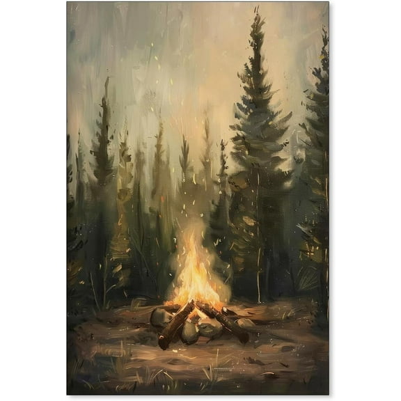 Vintage Forest Rustic Campfire Canvas Wall Art Moody Pine Tree Room Aesthetic Poster Camping Theme Minimalist Dark Prints Nature Landscape Mountain Night Scene Wall Decor Unframed