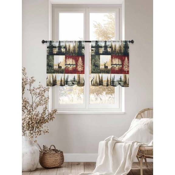 Vintage Forest Sheer Curtains 54Inches Long 2 Panels, Semi Sheer Rod Pocket Window Curtains Light Filtering Drapes Deer Lake Scenery Distressed Patchwork for Living Room Bedroom