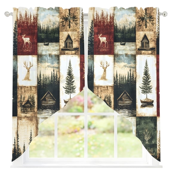Vintage Forest Sheer Curtains Swag Valances for Windows Deer Lake Building Distressed Patchwork Rod Pocket Swag Curtain Small Window Curtain for Kitchen Living Room Bedroom, 1 Pair 36"W x 36"L