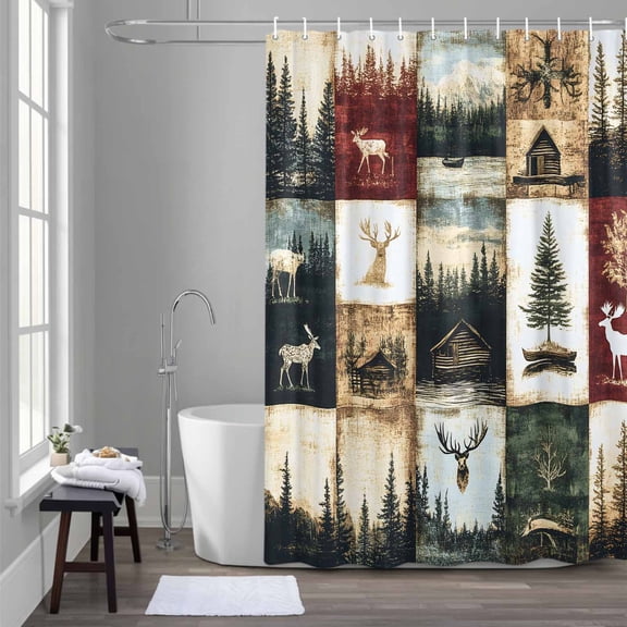 Vintage Forest Shower Curtain for Bathroom Decor, Deer Lake Building Distressed Patchwork Waterproof Fabric Shower Curtain, 60"x72" Set with 12 Hooks