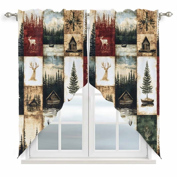 Vintage Forest Swag Valances for Windows 2 Pack Deer Lake Building Distressed Patchwork Swag Kitchen Curtains 45 Inches Long Rod Pocket Short Window Treatment for Kitchen Bathroom 36"x45"