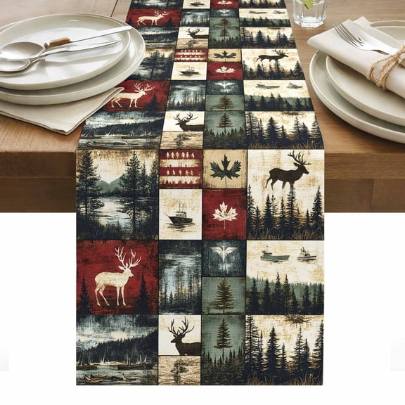 Vintage Forest Table Runner 13 x 36 Inch, Deer Maple Leaf Lake Distressed Patchwork Washable Cotton Linen Dining Table Runner Tabletop Decorations for Restaurant Home Kitchen Party