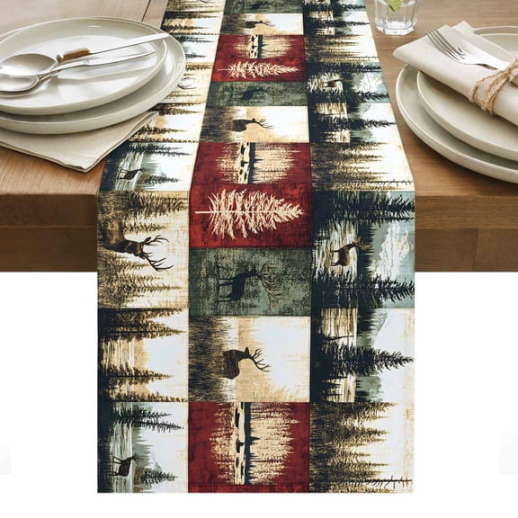 Vintage Forest Table Runner 13 x 48 Inch, Deer Lake Scenery Distressed Patchwork Washable Cotton Linen Dining Table Runner Tabletop Decorations for Restaurant Home Kitchen Party
