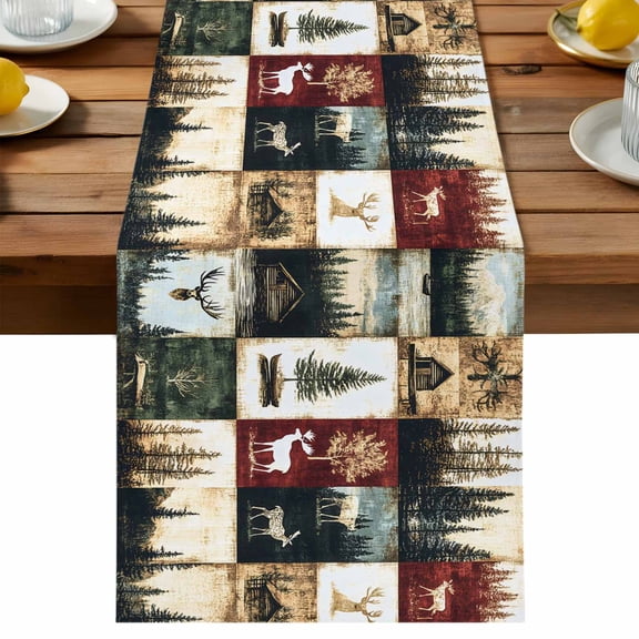Vintage Forest Table Runner, Deer Lake Building Distressed Patchwork Cotton Linen Table Cloth, Tablerunner for Kitchen Dining Party Wedding Home Decor 13x70 Inch
