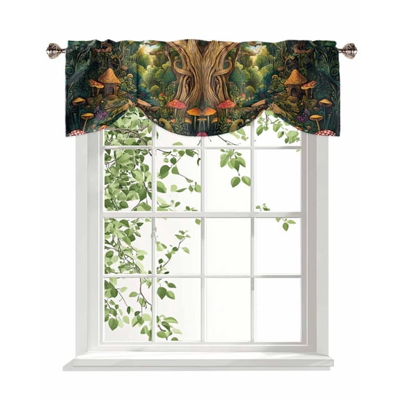 Vintage Forest Tie Up Valances Curtain, Adjustable Kitchen Mushroom Cottage Valances for Windows Decor, Rod Pocket Short Curtains Set for Bedroom/Bathroom, 60"x18"