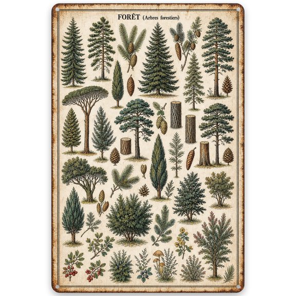 Vintage Forest Trees Illustrations Metal Sign 8x12 Inch Rustic Pine and Fir Wall Decor for Home, Office, or Cabin Weather Resistant, Easy Hanging Indoor/Outdoor Vintage Style Decor Plaque