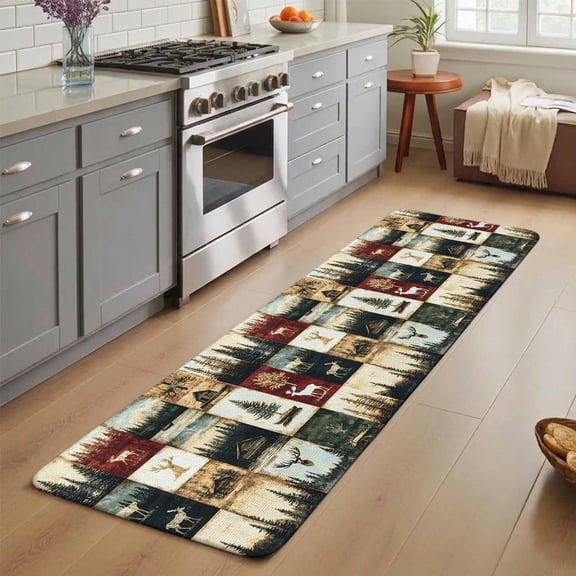 Vintage Forest Washable Runner Rug 1.4x4 ft Deer Lake Building Distressed Patchwork Non-Slip Hallway Runner Rug, Linen Kitchen Runner Mats, Indoor Floor Carpet for Entryway Bathroom Bedroom