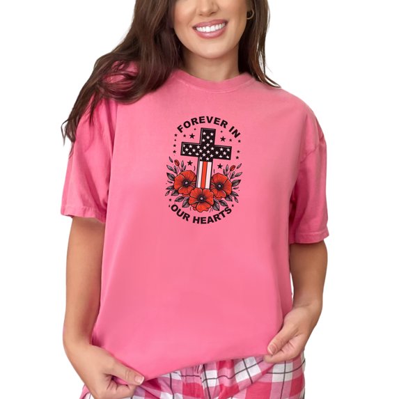 Vintage Forever in Our Hearts Tee, Memorial Cross and Poppies Shirt, Patriotic Stars Stripes, Remembrance Gift Idea, Crunchberry Comfort Colors T-Shirt, 3XL