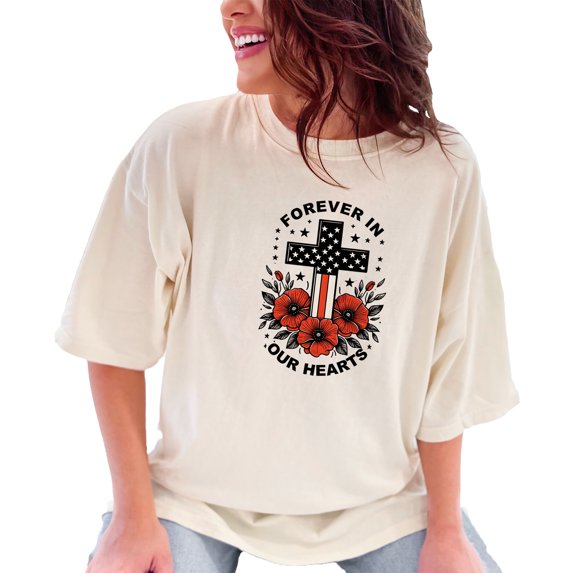 Vintage Forever in Our Hearts Tee, Memorial Cross and Poppies Shirt, Patriotic Stars Stripes, Remembrance Gift Idea, Ivory Comfort Colors T-Shirt, 2XL