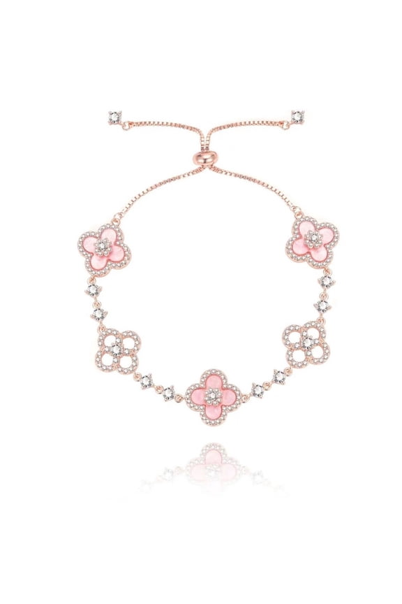 Vintage Four-Leaf Clover Bracelet Pink Shell With Micro-Inlaid Zircon Hollow High-End Luxury Hand Jewelry For Women
