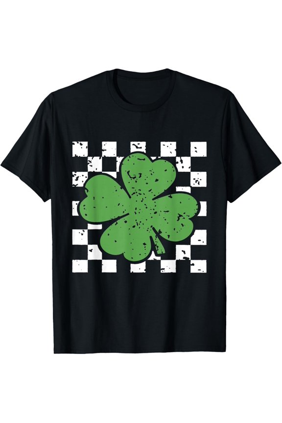 Vintage Four Leaf Clover Checkered Pattern Green T-Shirt