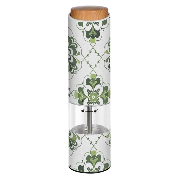 Vintage Four-leaf Clover Pattern Pattern Printed Electric Pepper Mill One-Touch Battery Operated Salt Grinder Adjustable Coarseness Decorative Counter Spice Tool
