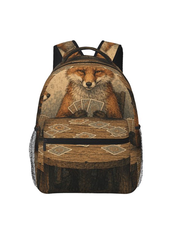 Vintage Fox Card Game Print Laptop Backpack Travel Rucksack for Teens Adults, Fits 15-inch Notebook