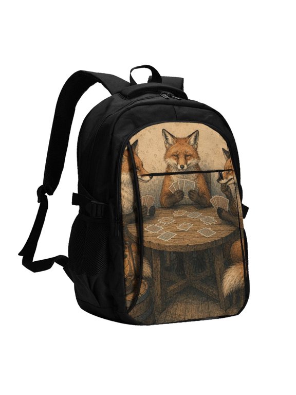 Vintage Fox Card Game Print Laptop Backpack with USB Charging Headphone Port Casual Daypack Bag College Business Travel