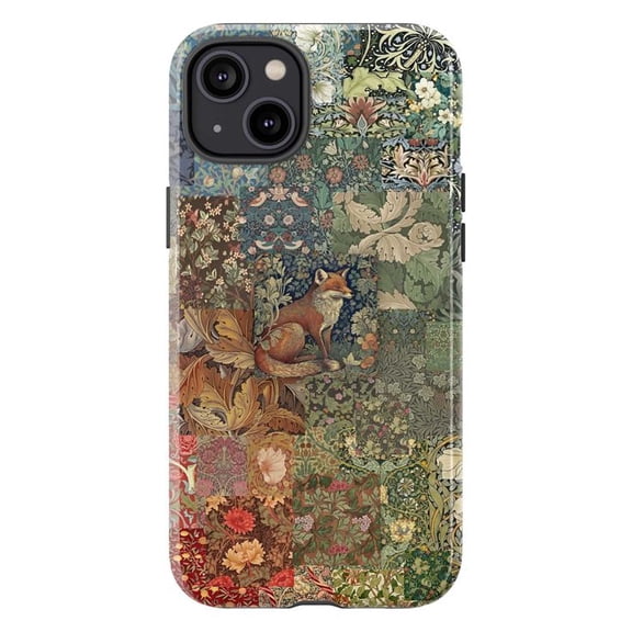 Vintage Fox & Floral Patchwork Phone Case, Cottagecore Woodland Animal Design with William Morris Style Botanical Patterns, Protective Cover for iPhone 16 15 14 13 12 11 Pro Max Mini