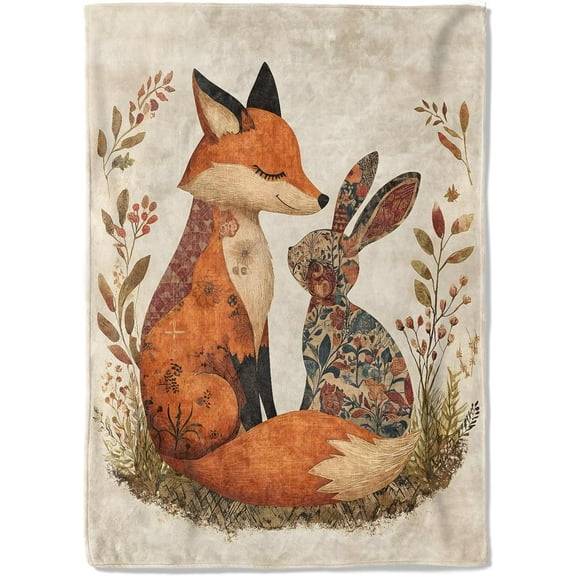 Vintage Fox and Rabbit Fleece Blanket 50x60 Inchin Retro Whimsical Bunny Throw Blankets,Soft Cozy Lightweight, Ideal for Living Room Home Rustic Decor and Kids Women Girls Spring Gifts