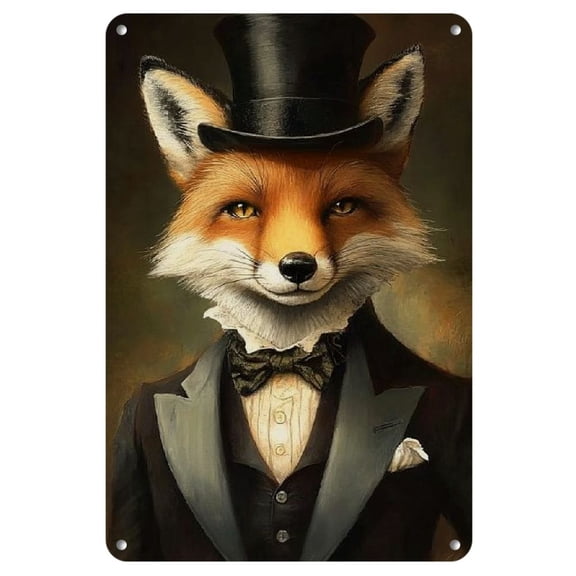 Vintage Fox in Top Hat & Bow Tie Metal Wall Art - 8x12 Inch Iron Sign for Home, Office, Cafe, or Bar Decor - Whimsical Anthropomorphic Fox Design, Animal Wall Decor, Best for Christmas