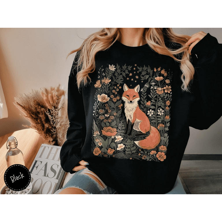 Vintage Fox in Wildflower Meadow Sweatshirt Cozy Cottagecore Folklore Sweater Floral Animal Shirt Fairycore Pullover Forestcore Sweater Walmart