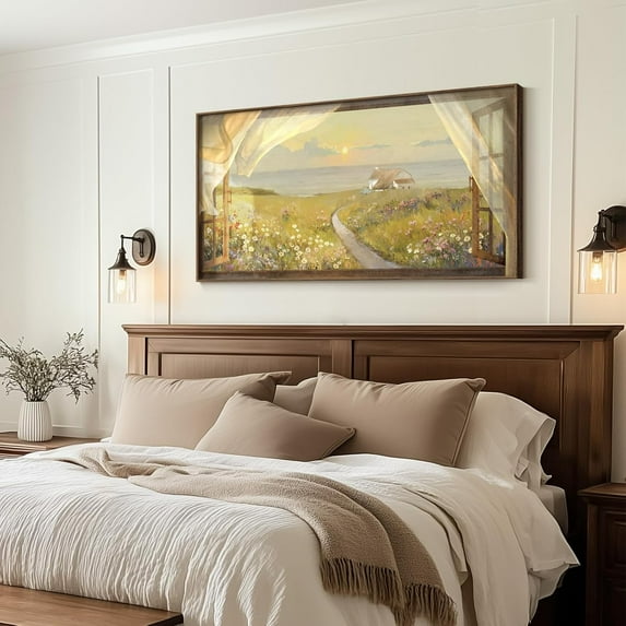 Vintage Framed Canvas Wall Art for Living Room, Countryside Sunset Window Decor for Bathroom, 20x40 Inches