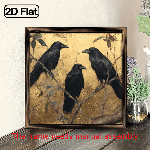 Vintage Framed Wooden Wall Art - Three Crows on Vibrant Yellow Background, Rustic Home Decor for Kitchen, Bathroom, Bedroom Office, 8x8 Inch Inspirational Freedom Theme, Perfect Housewarming