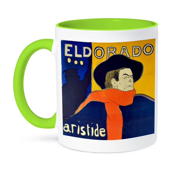 3dRose, Vintage French advert for singer Aristide Bruant by Toulouse-Lautrec - cafe-cabaret at the Eldorado, 11oz Two-Tone Green Mug