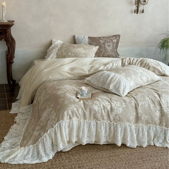 Vintage French Cotton Double-Layered Sheet Set with Lace Trim
