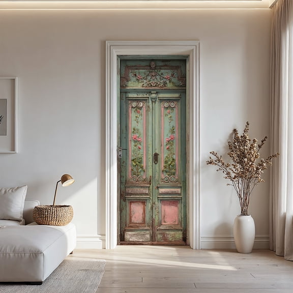 Vintage French Double Door Sticker - 30.3x78.7in Distressed Turquoise & Pink Floral Peel and Stick Door Decal for Home Decor
