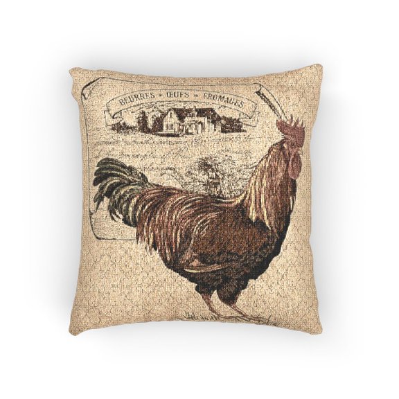 Vintage French Farm Rooster Beige, Brown and Red Decorative Woven Pillow, Cotton-Polyester Shell, Rustic Kitchen