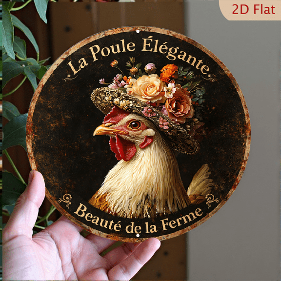 Vintage French Farmhouse Chicken Wall Art, Round Aluminum Decorative Sign, 8x8 Inch Floral Hen Print for Rustic Kitchen Home Decor